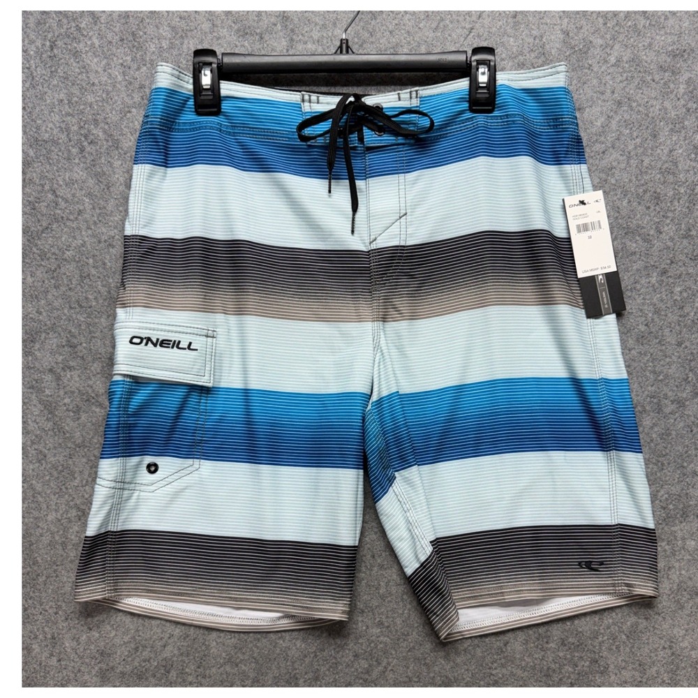 ONeill Hyperfreak Mens Board Shorts Blue Grey Striped Swim Trunks Size 32